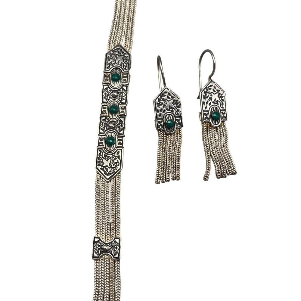 Sterling Silver Byzantine Woven Chain Jewelry Set Green Stone Bracelet Earring